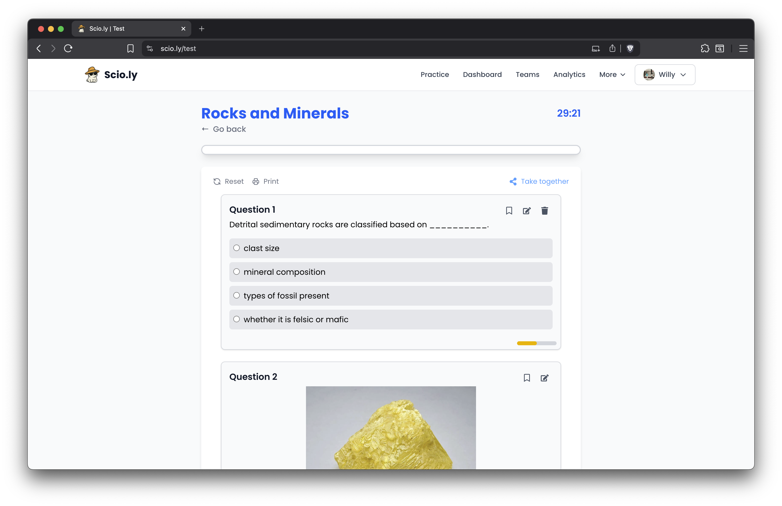 Practice test interface